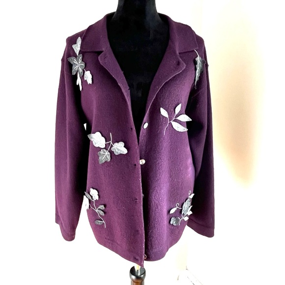 Vintage Coldwater Creek Purple Boiled Wool Appliqué leaves Jacket Coat sz PS - Picture 4 of 13